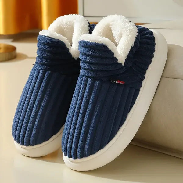Bebealy New Winter Men’s Slippers: Warm Cotton Ankle Boots & Fluffy Outdoor Non-Slip House Shoes - Navy Blue1
