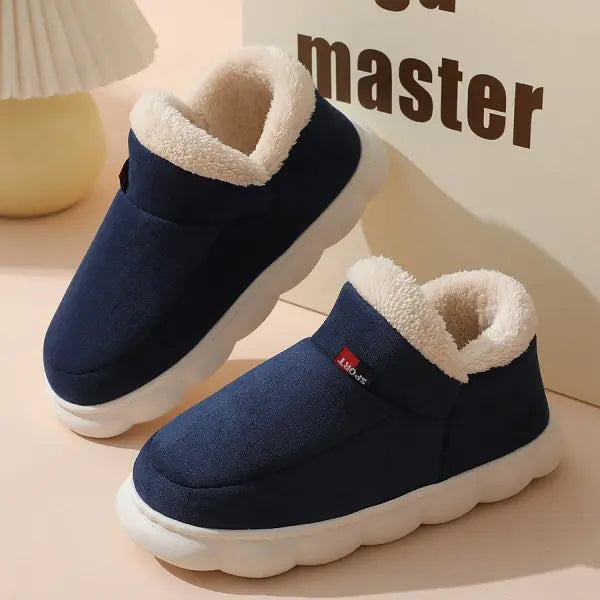 Bebealy New Winter Men’s Slippers: Warm Cotton Ankle Boots & Fluffy Outdoor Non-Slip House Shoes - A-Blue