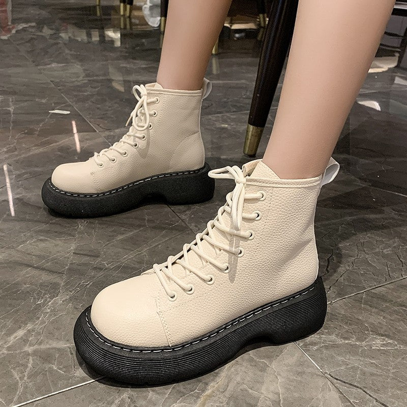 Fashion Lace-up Ankle Boots Women Thin Skinny Boots - Beige / Add cotton / 35 - Hair Remover