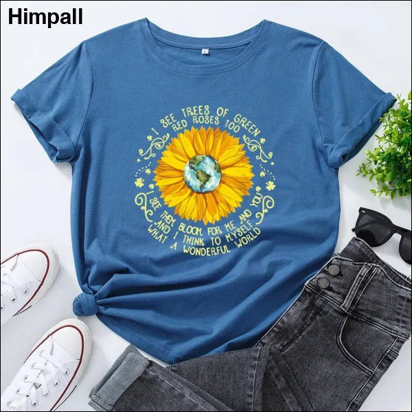 Bee Festival European And American Loose Round Neck Sunflower Short Sleeve