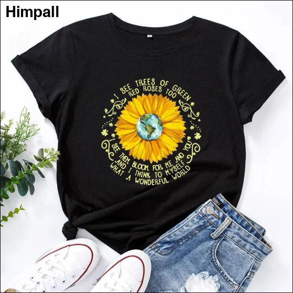 Bee Festival European And American Loose Round Neck Sunflower Short Sleeve - Black / 3XL