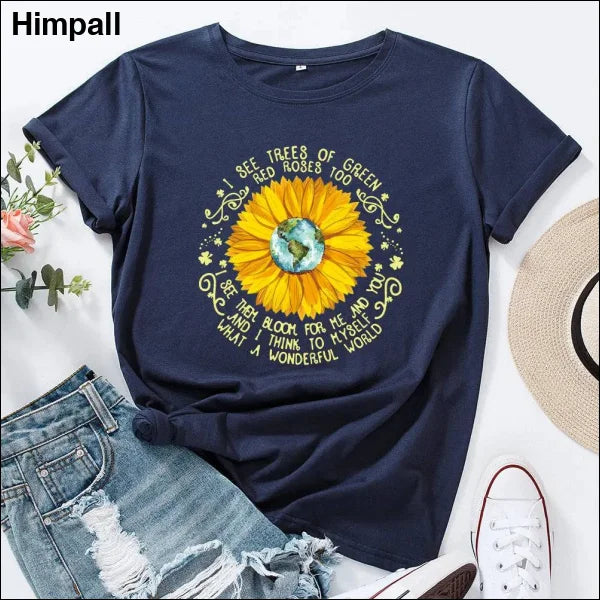 Bee Festival European And American Loose Round Neck Sunflower Short Sleeve - Dark Blue / 3XL