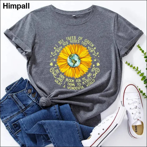 Bee Festival European And American Loose Round Neck Sunflower Short Sleeve - Dark Gray / 3XL