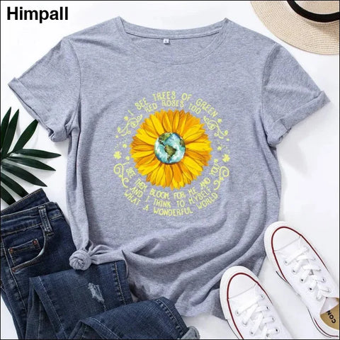 Bee Festival European And American Loose Round Neck Sunflower Short Sleeve - Gray / 3XL