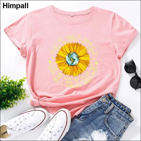 Bee Festival European And American Loose Round Neck Sunflower Short Sleeve - Pink / 3XL