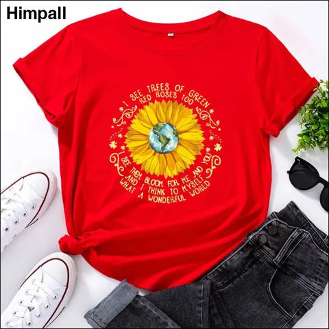 Bee Festival European And American Loose Round Neck Sunflower Short Sleeve - Red / 3XL