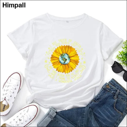 Bee Festival European And American Loose Round Neck Sunflower Short Sleeve - White / 3XL