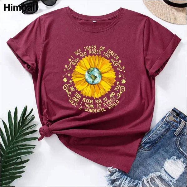 Bee Festival European And American Loose Round Neck Sunflower Short Sleeve - Wine Red / 3XL