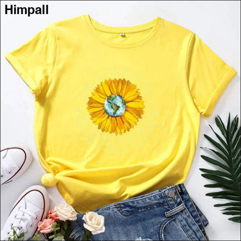 Bee Festival European And American Loose Round Neck Sunflower Short Sleeve - Yellow / 3XL