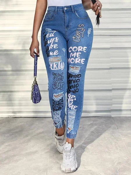 Benuynffy Y2K Letter Print Ripped Jeans – Women’s Streetwear Pants