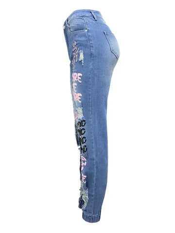 Benuynffy Y2K Letter Print Ripped Jeans – Women’s Streetwear Pants