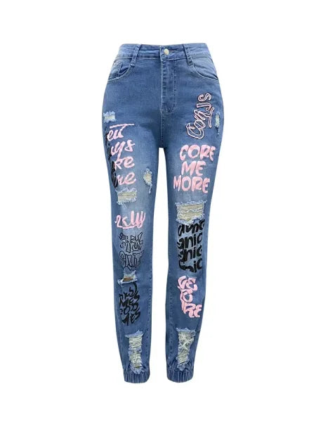 Benuynffy Y2K Letter Print Ripped Jeans – Women’s Streetwear Pants - Blue / M