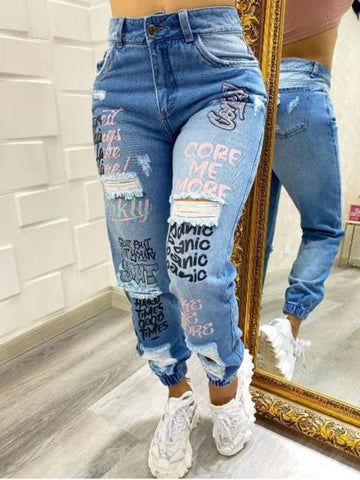 Benuynffy Y2K Letter Print Ripped Jeans – Women’s Streetwear Pants