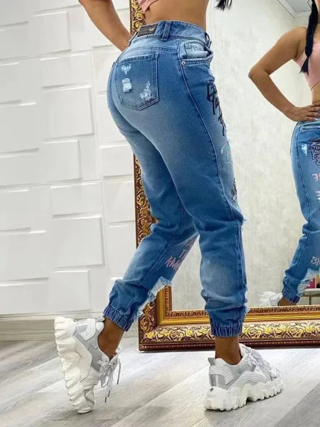 Benuynffy Y2K Letter Print Ripped Jeans – Women’s Streetwear Pants