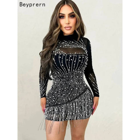 Beyprern Mini Dress - Stylish Crystal Fringed Dress for Birthdays