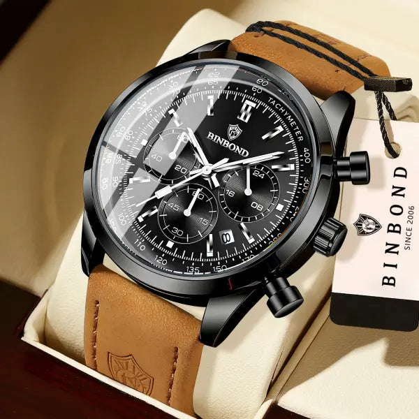 Binbond Chronograph Quartz Watch Alloy Case Luminous Hands Casual Style
