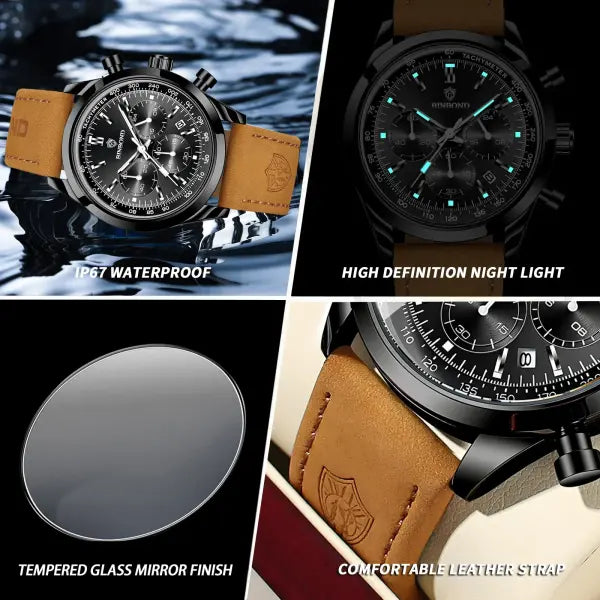 Binbond Chronograph Quartz Watch Alloy Case Luminous Hands Casual Style