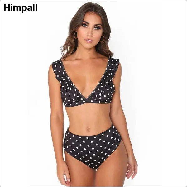 Black and White Polka Dot Bikini – Sexy Ruffled 2PCS Swimsuit Set - Black / L