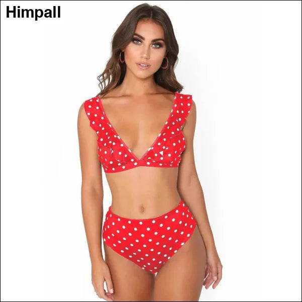 Black and White Polka Dot Bikini – Sexy Ruffled 2PCS Swimsuit Set - Red / L