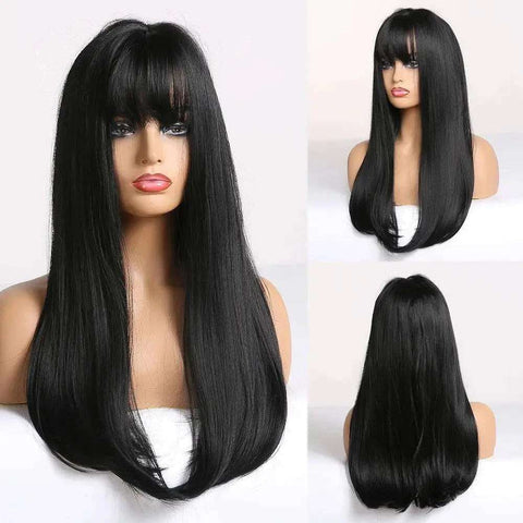 Black Bob Wig – Stylish Long Black Synthetic Wig with Bangs