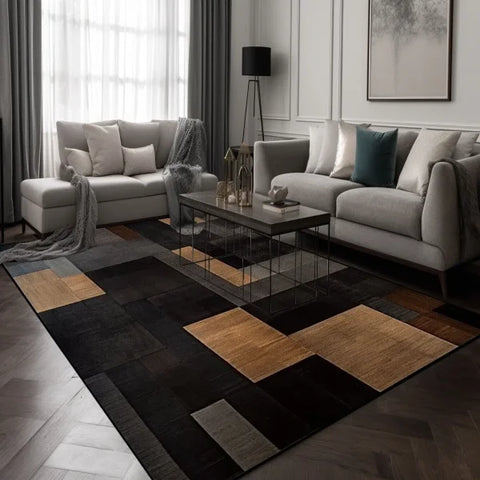 Black Brown Geometry Carpet - Modern Plaid Rug for Living Room & Lounge