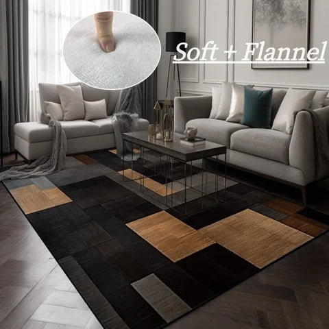 Black Brown Geometry Carpet - Modern Plaid Rug for Living Room & Lounge