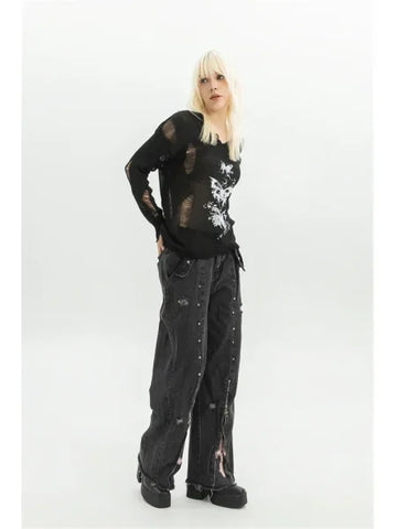 Black Gothic Y2K Jeans - Oversized Aesthetic Harajuku Denim