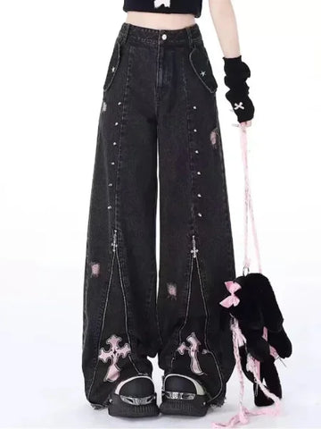 Black Gothic Y2K Jeans - Oversized Aesthetic Harajuku Denim