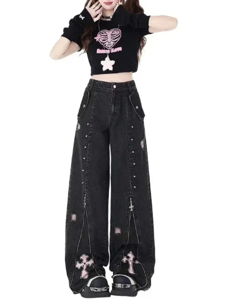 Black Gothic Y2K Jeans - Oversized Aesthetic Harajuku Denim