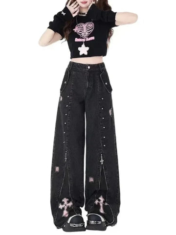Black Gothic Y2K Jeans - Oversized Aesthetic Harajuku Denim