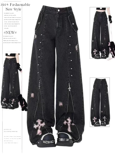 Black Gothic Y2K Jeans - Oversized Aesthetic Harajuku Denim - A / L