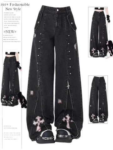 Black Gothic Y2K Jeans - Oversized Aesthetic Harajuku Denim - A / L