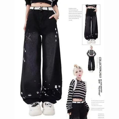 Black Gothic Y2K Jeans - Oversized Aesthetic Harajuku Denim - B / M