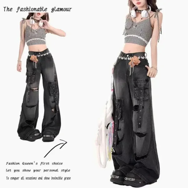 Black Gothic Y2K Jeans - Oversized Aesthetic Harajuku Denim - C / M
