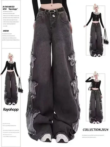 Black Gothic Y2K Jeans - Oversized Aesthetic Harajuku Denim - D / M
