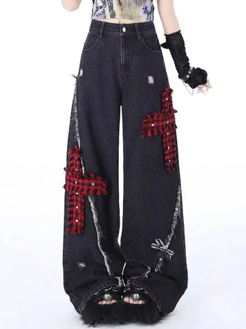Black Gothic Y2K Jeans - Oversized Aesthetic Harajuku Denim - E / M