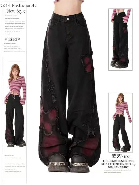 Black Gothic Y2K Jeans - Oversized Aesthetic Harajuku Denim - F / L