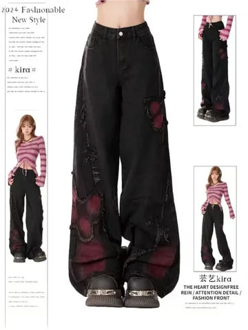 Black Gothic Y2K Jeans - Oversized Aesthetic Harajuku Denim - F / L