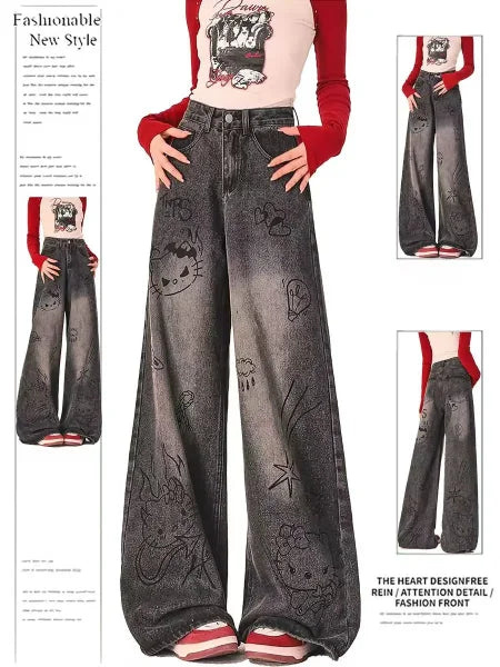 Black Gothic Y2K Jeans - Oversized Aesthetic Harajuku Denim - H / S