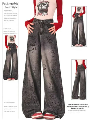 Black Gothic Y2K Jeans - Oversized Aesthetic Harajuku Denim - H / S