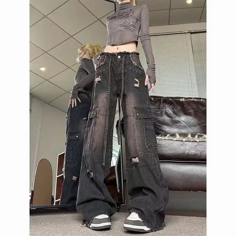 Black Gothic Y2K Jeans - Oversized Aesthetic Harajuku Denim - J / L