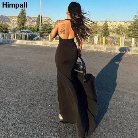 Summer Elegance: Black Maxi Dress with Backless Halter Design