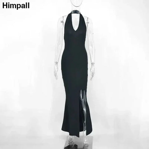 Summer Elegance: Black Maxi Dress with Backless Halter Design