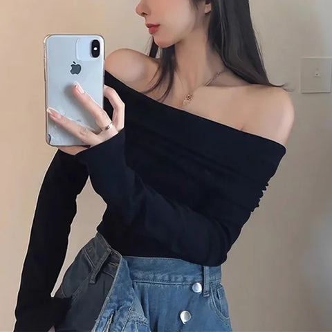 Black Off-Shoulder Long Sleeve Crop Top – Women’s Slim Fit T-shirt