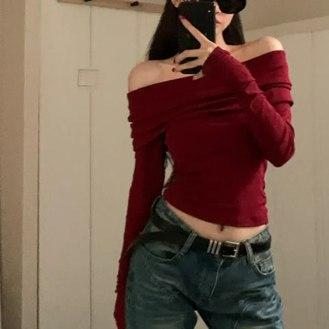 Black Off-Shoulder Long Sleeve Crop Top – Women’s Slim Fit T-shirt