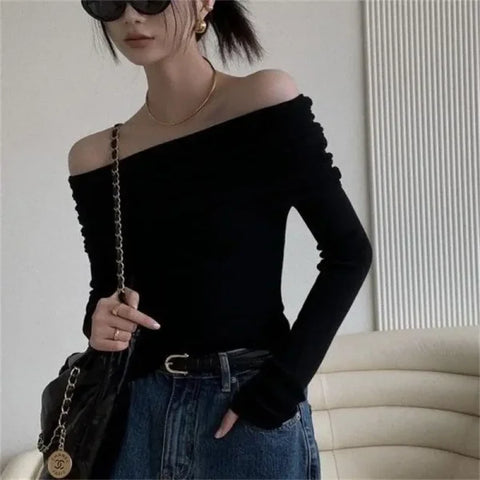 Black Off-Shoulder Long Sleeve Crop Top – Women’s Slim Fit T-shirt