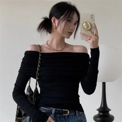 Black Off-Shoulder Long Sleeve Crop Top – Women’s Slim Fit T-shirt - M / black