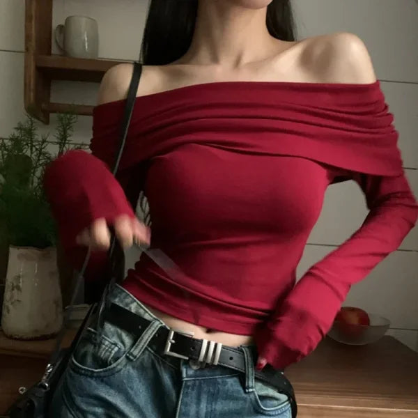 Black Off-Shoulder Long Sleeve Crop Top – Women’s Slim Fit T-shirt - XL / Red