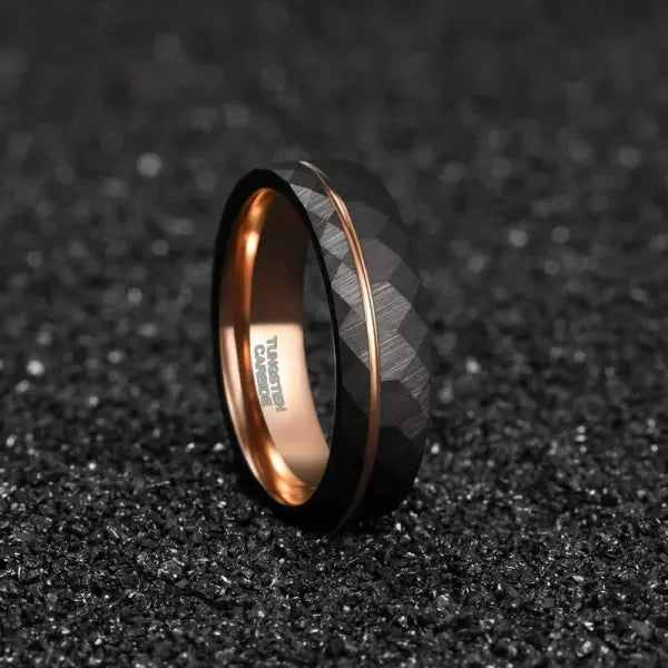 Black Tungsten Rings Rose Gold Groove Hammered Wedding Band Comfort Fit