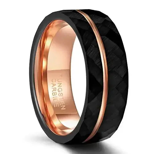 Black Tungsten Rings Rose Gold Groove Hammered Wedding Band Comfort Fit - 8mm / 9.5